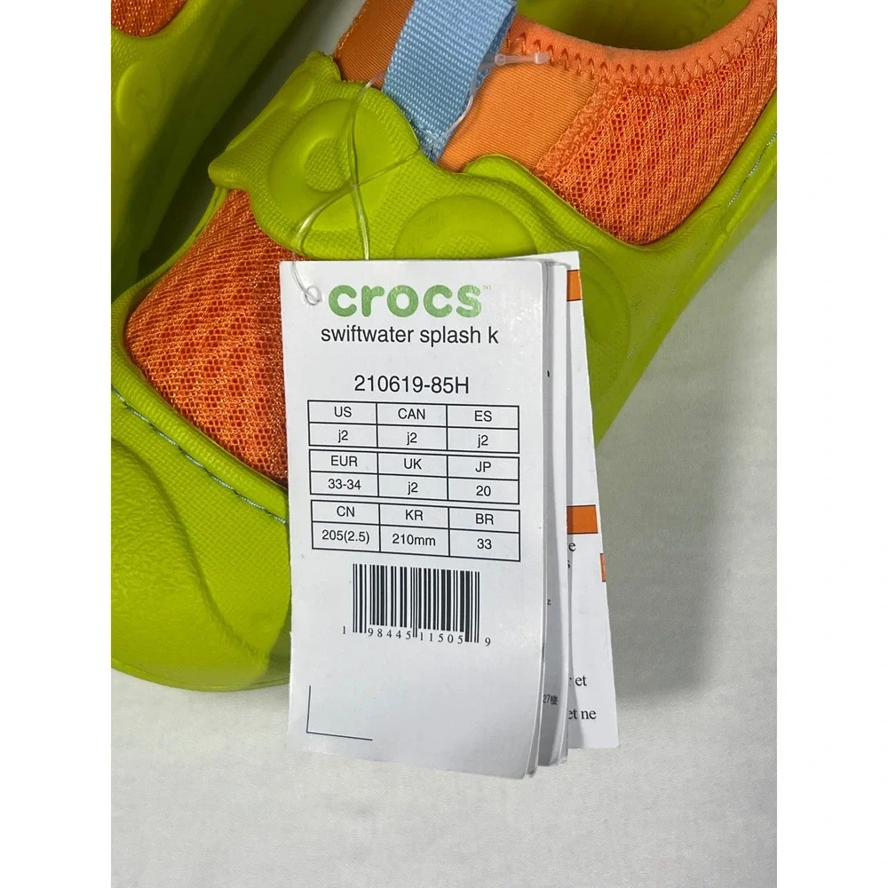 Crocs Swiftwater Splash K‎ Kids Lime Green Orange Water Shoes Sandals J2 NEW